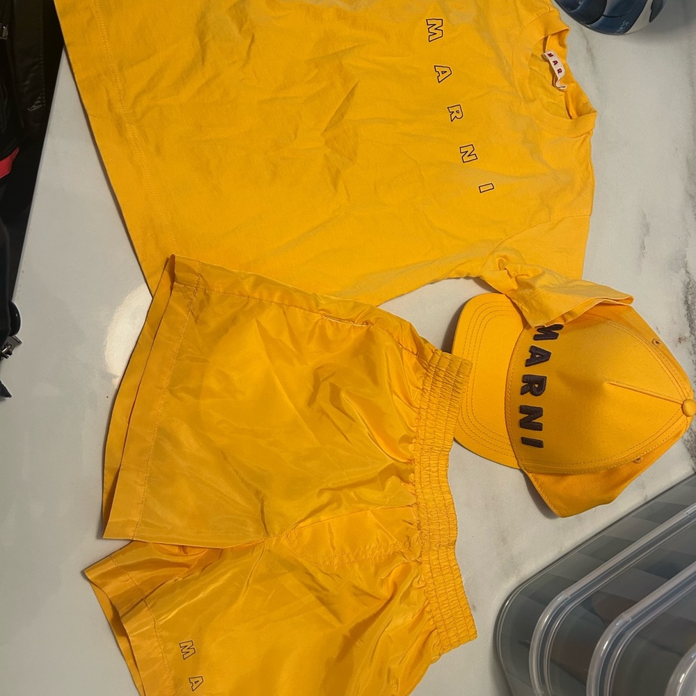 Marni Yellow T-Shirt, Shorts, and Cap Set